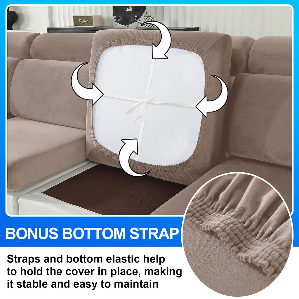 CYCMACO Samt Sitzkissenbezug, Stretch Sofa Sitzkissenbezug rutschfest, Universal Sofa Überzug Wohnzimmer, Elastischer Kissenbezüge, Waschbare(3-Sitzer, Khaki)