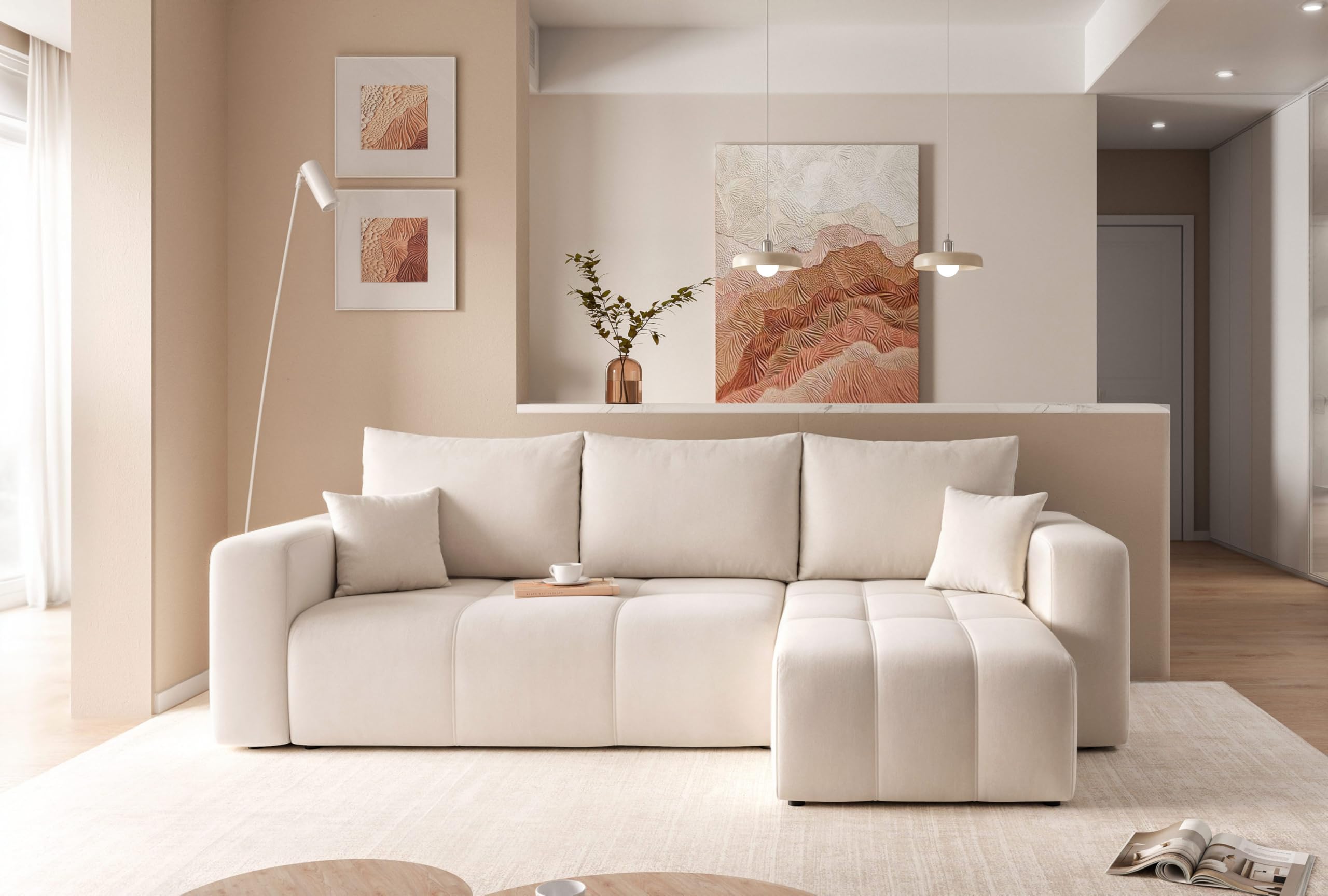 GREKPOL Sofa mit Schlaffunktion 145x248 - Beige Ecksofa mit Schlaffunktion und Bettkasten - Sofa 3 Sitzer - Schlafsofa - Couch - Schlafsofa mit Bettkasten