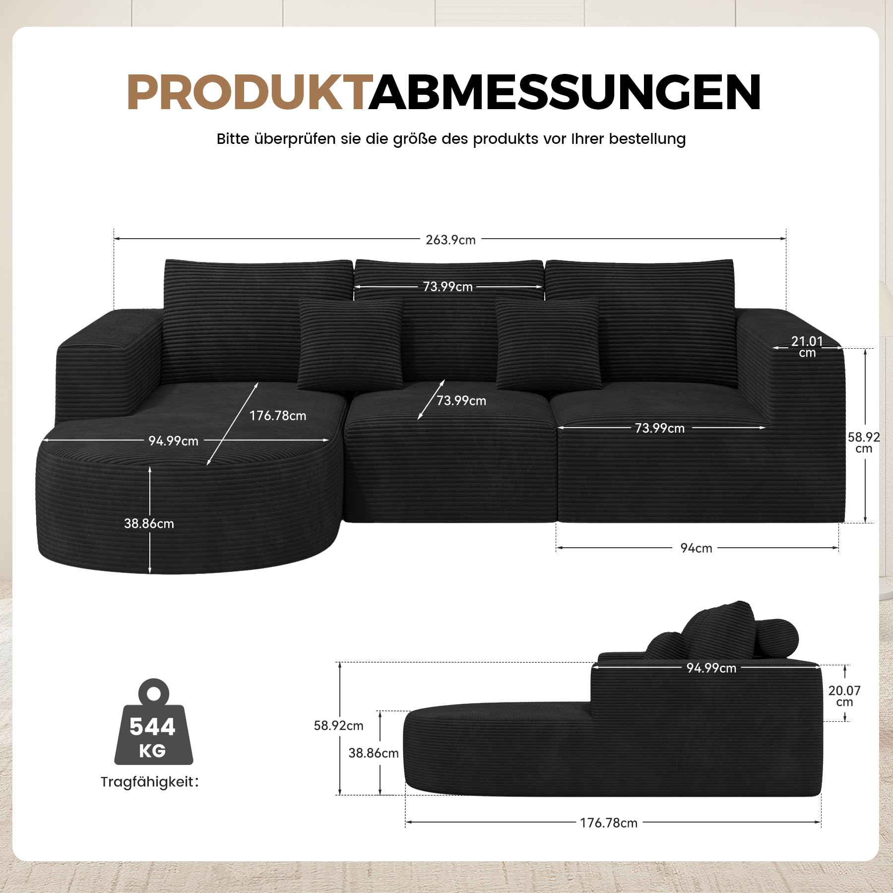 Hawthyhome Sofa mit Schlaffunktion rahmenloses Ecksofa L-Form Couch Installation-Free Cordstoff Ecksofa mit Links-Chaiselongue für Wohnzimmer 3 sitzer 264x177x59cm Schwarz