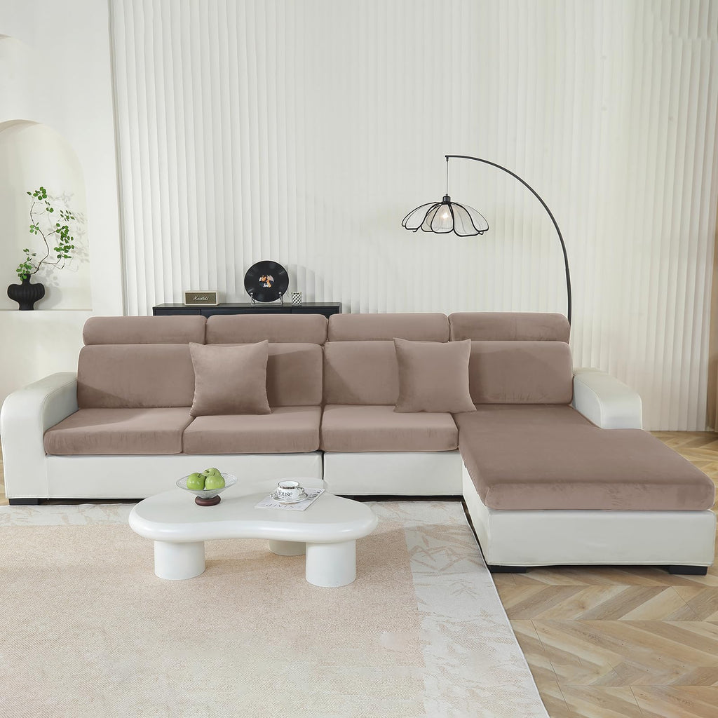 CYCMACO Samt Sitzkissenbezug, Stretch Sofa Sitzkissenbezug rutschfest, Universal Sofa Überzug Wohnzimmer, Elastischer Kissenbezüge, Waschbare(3-Sitzer, Khaki)