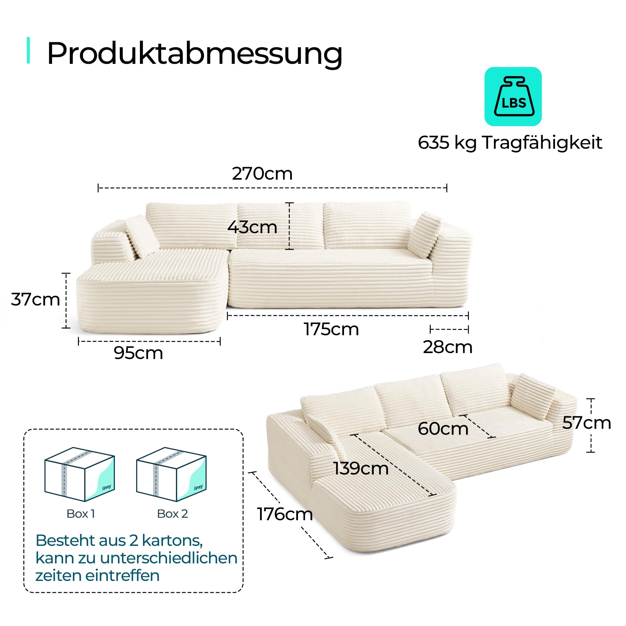 LINSY HOME Ecksofa mit Schlaffunktion - 270cm Corduroy Modulares Schlafsofa, L Form Couch, Sofa 3 Sitzer mit Ottomane, Sektionssofas für Wohnzimmer, Keine Montage erforderlich, Beige