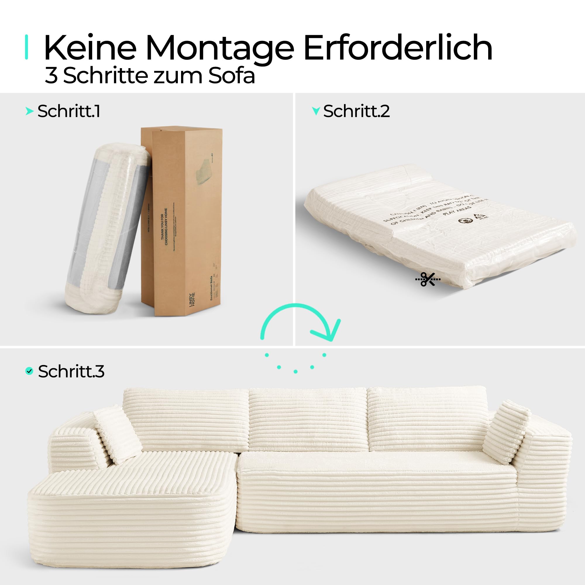 LINSY HOME Ecksofa mit Schlaffunktion - 270cm Corduroy Modulares Schlafsofa, L Form Couch, Sofa 3 Sitzer mit Ottomane, Sektionssofas für Wohnzimmer, Keine Montage erforderlich, Beige