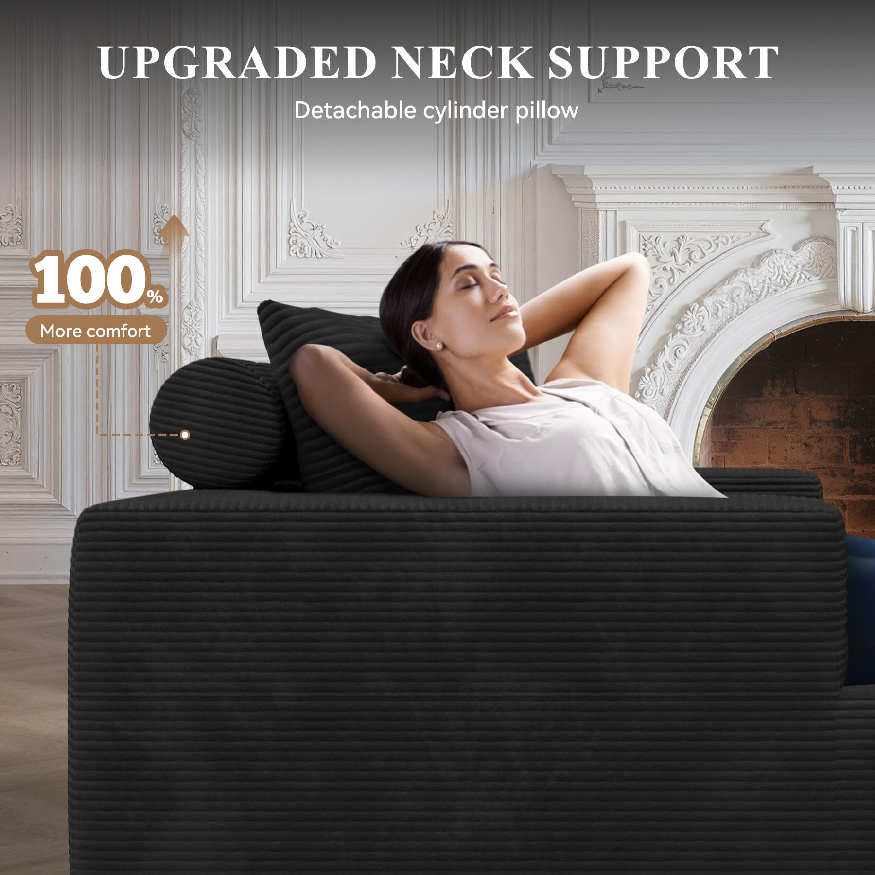 Hawthyhome Sofa mit Schlaffunktion rahmenloses Ecksofa L-Form Couch Installation-Free Cordstoff Ecksofa mit Links-Chaiselongue für Wohnzimmer 3 sitzer 264x177x59cm Schwarz