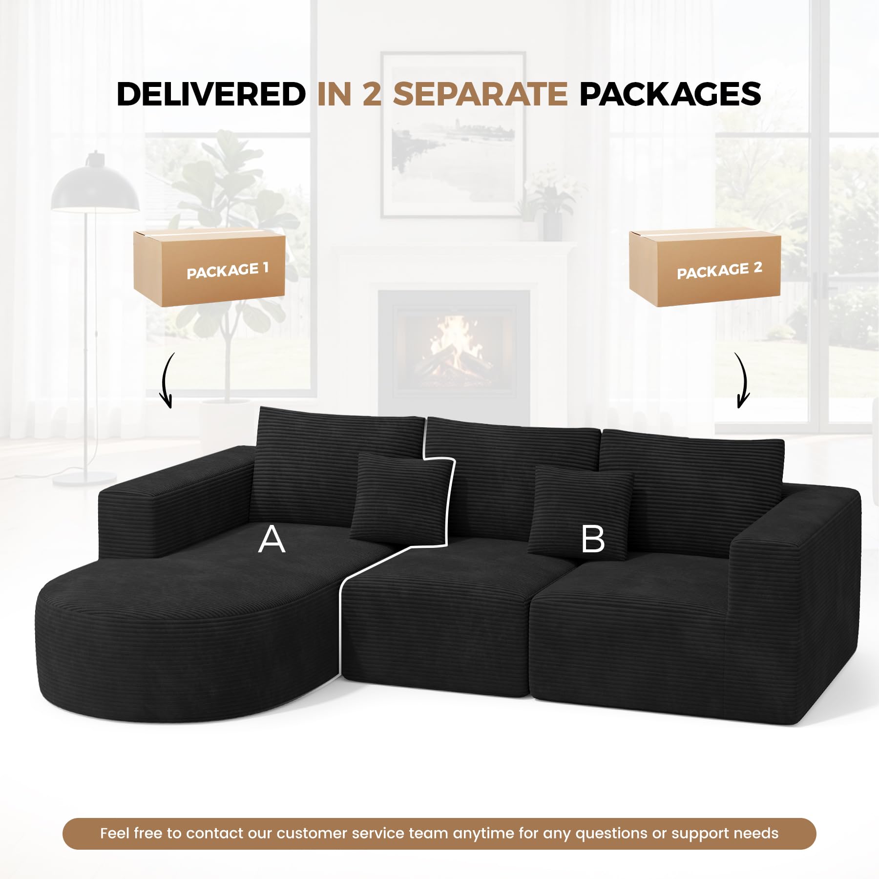 Hawthyhome Sofa mit Schlaffunktion rahmenloses Ecksofa L-Form Couch Installation-Free Cordstoff Ecksofa mit Links-Chaiselongue für Wohnzimmer 3 sitzer 264x177x59cm Schwarz