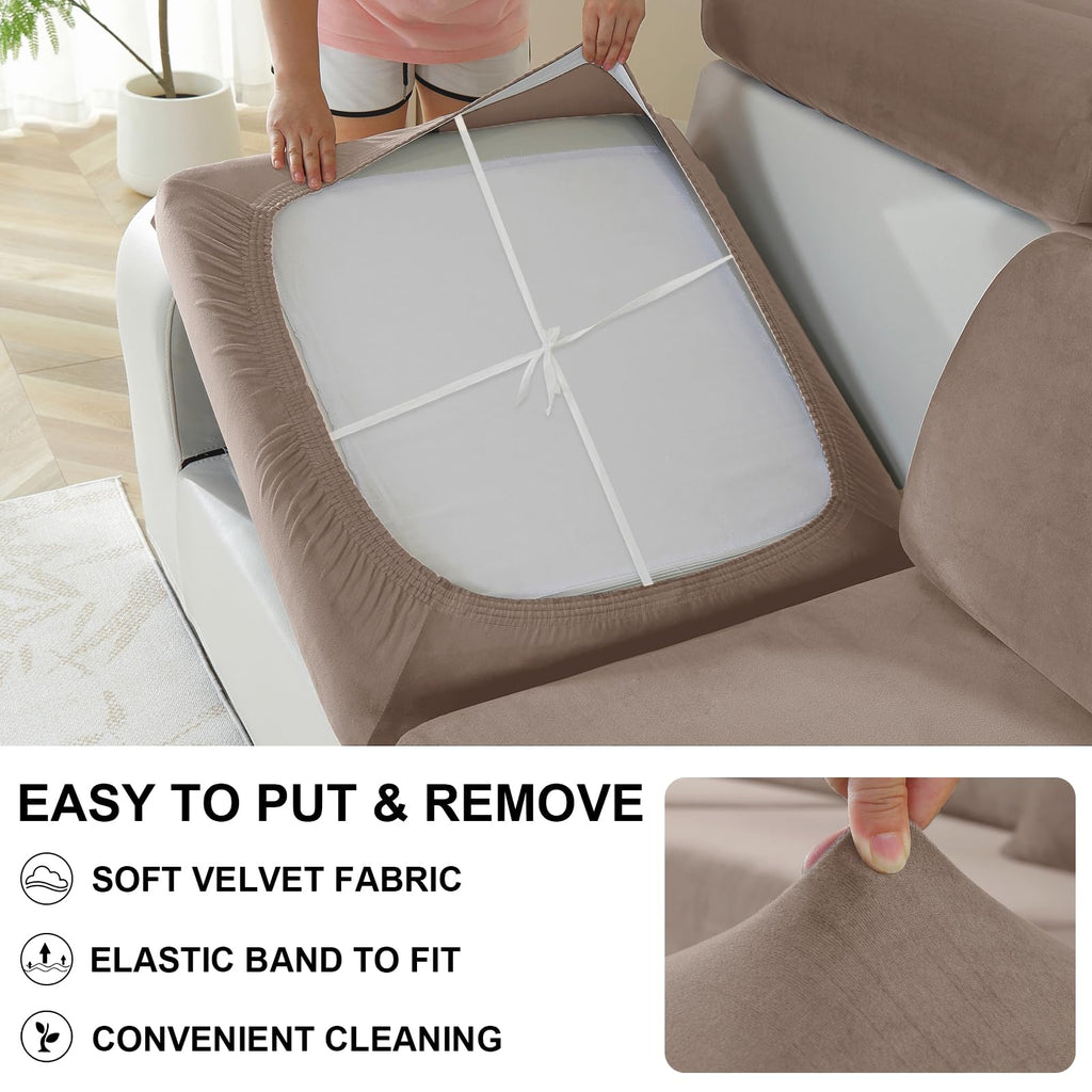 CYCMACO Samt Sitzkissenbezug, Stretch Sofa Sitzkissenbezug rutschfest, Universal Sofa Überzug Wohnzimmer, Elastischer Kissenbezüge, Waschbare(3-Sitzer, Khaki)