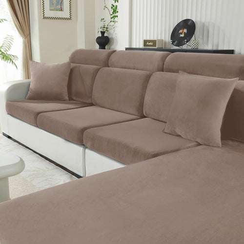 CYCMACO Samt Sitzkissenbezug, Stretch Sofa Sitzkissenbezug rutschfest, Universal Sofa Überzug Wohnzimmer, Elastischer Kissenbezüge, Waschbare(3-Sitzer, Khaki)