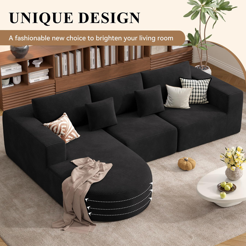 Hawthyhome Sofa mit Schlaffunktion rahmenloses Ecksofa L-Form Couch Installation-Free Cordstoff Ecksofa mit Links-Chaiselongue für Wohnzimmer 3 sitzer 264x177x59cm Schwarz
