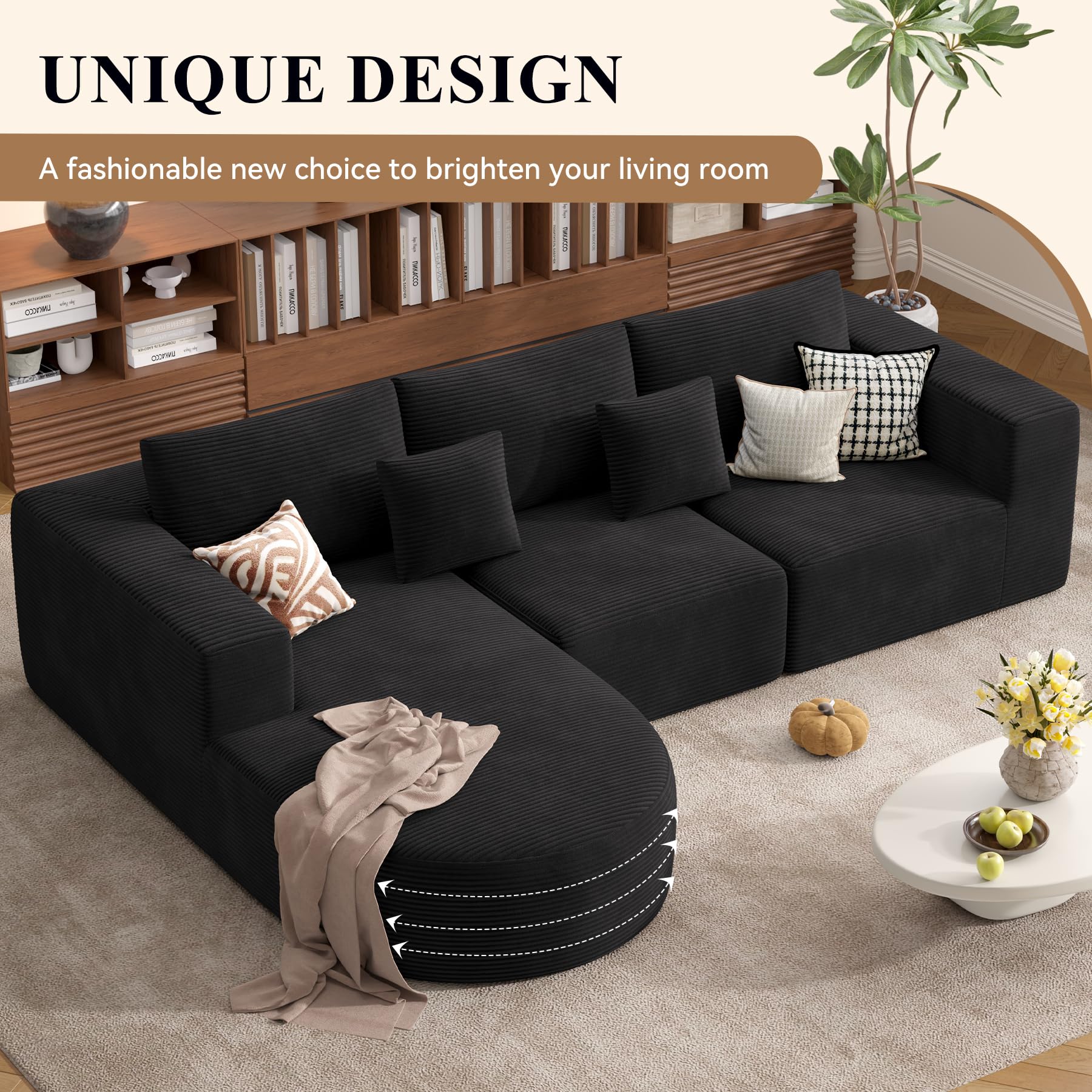 Hawthyhome Sofa mit Schlaffunktion rahmenloses Ecksofa L-Form Couch Installation-Free Cordstoff Ecksofa mit Links-Chaiselongue für Wohnzimmer 3 sitzer 264x177x59cm Schwarz