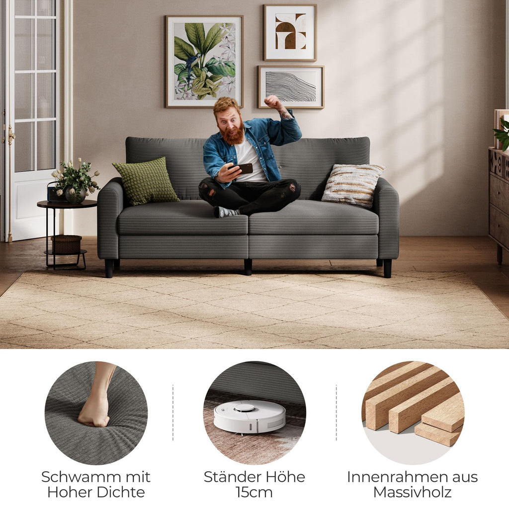 LINSY HOME Sofa 3 Sitzer, 201cm Breit Sofas mit Verstellbarer Sitztiefe, Kleine Sofacouch für Wohnzimmer Schlafzimmer Wohnung Büro