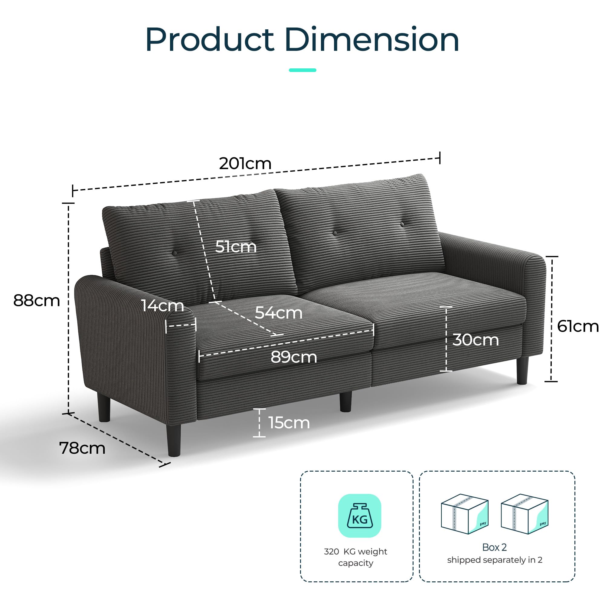 LINSY HOME Sofa 3 Sitzer, 201cm Breit Sofas mit Verstellbarer Sitztiefe, Kleine Sofacouch für Wohnzimmer Schlafzimmer Wohnung Büro