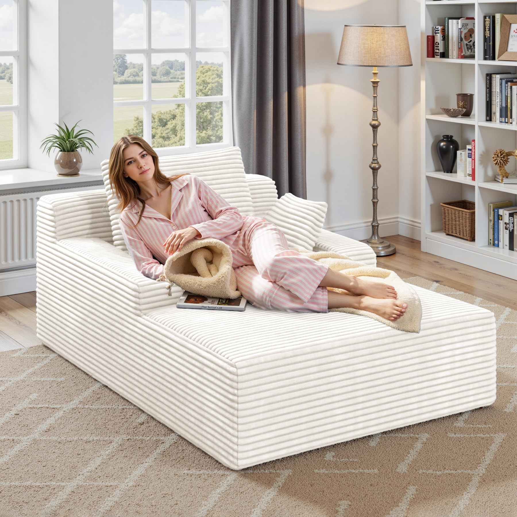 Aivermeil Boneless Couch Modernes Cord Bodensofa mit Schlaffunktion – Cloud Sofa mit Chaiselongue, 3 Kissen, Bequeme Sofa Couch für Wohnzimmer, Keine Montage erforderlich, Beige, 172 * 130 * 71