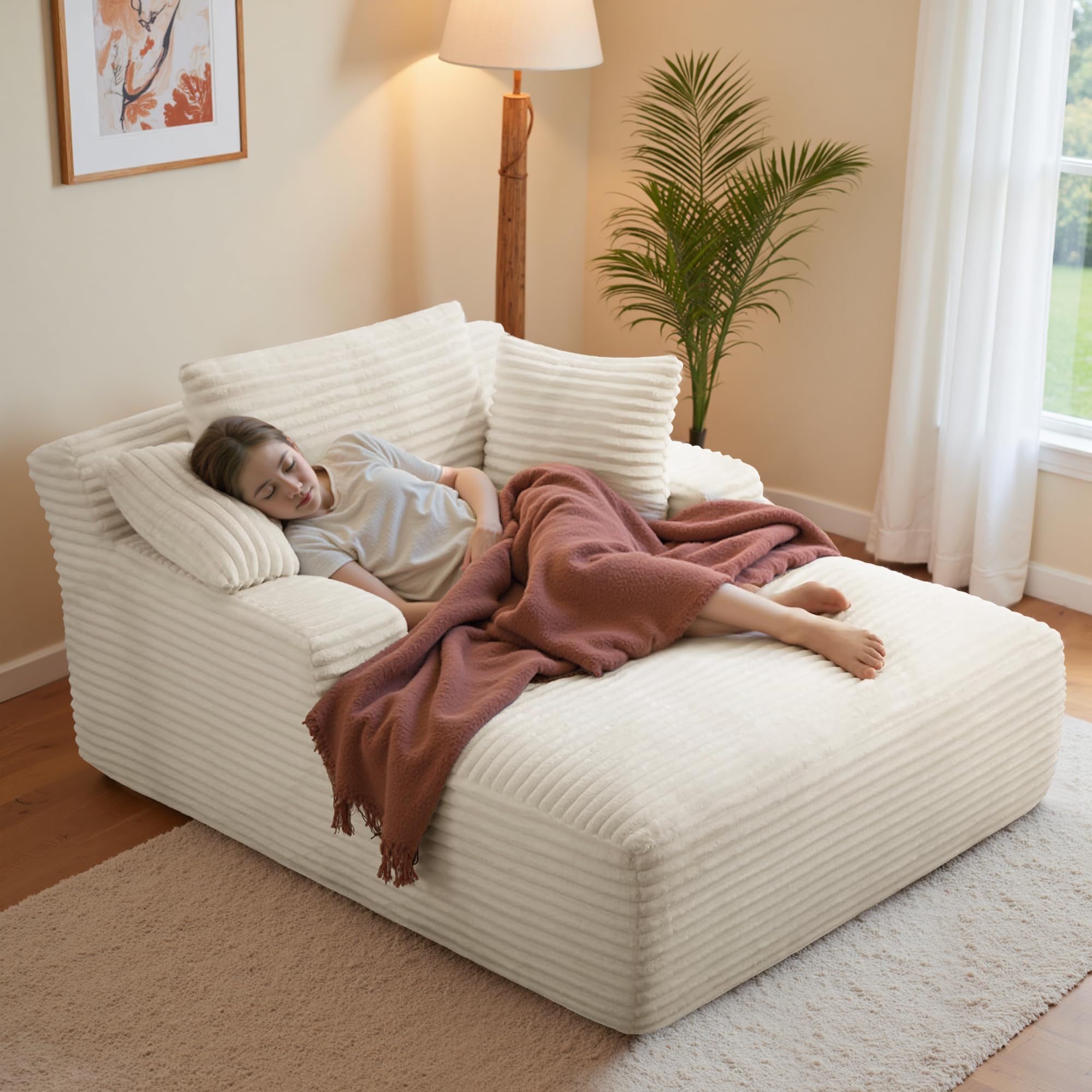 Aivermeil Boneless Couch Modernes Cord Bodensofa mit Schlaffunktion – Cloud Sofa mit Chaiselongue, 3 Kissen, Bequeme Sofa Couch für Wohnzimmer, Keine Montage erforderlich, Beige, 172 * 130 * 71