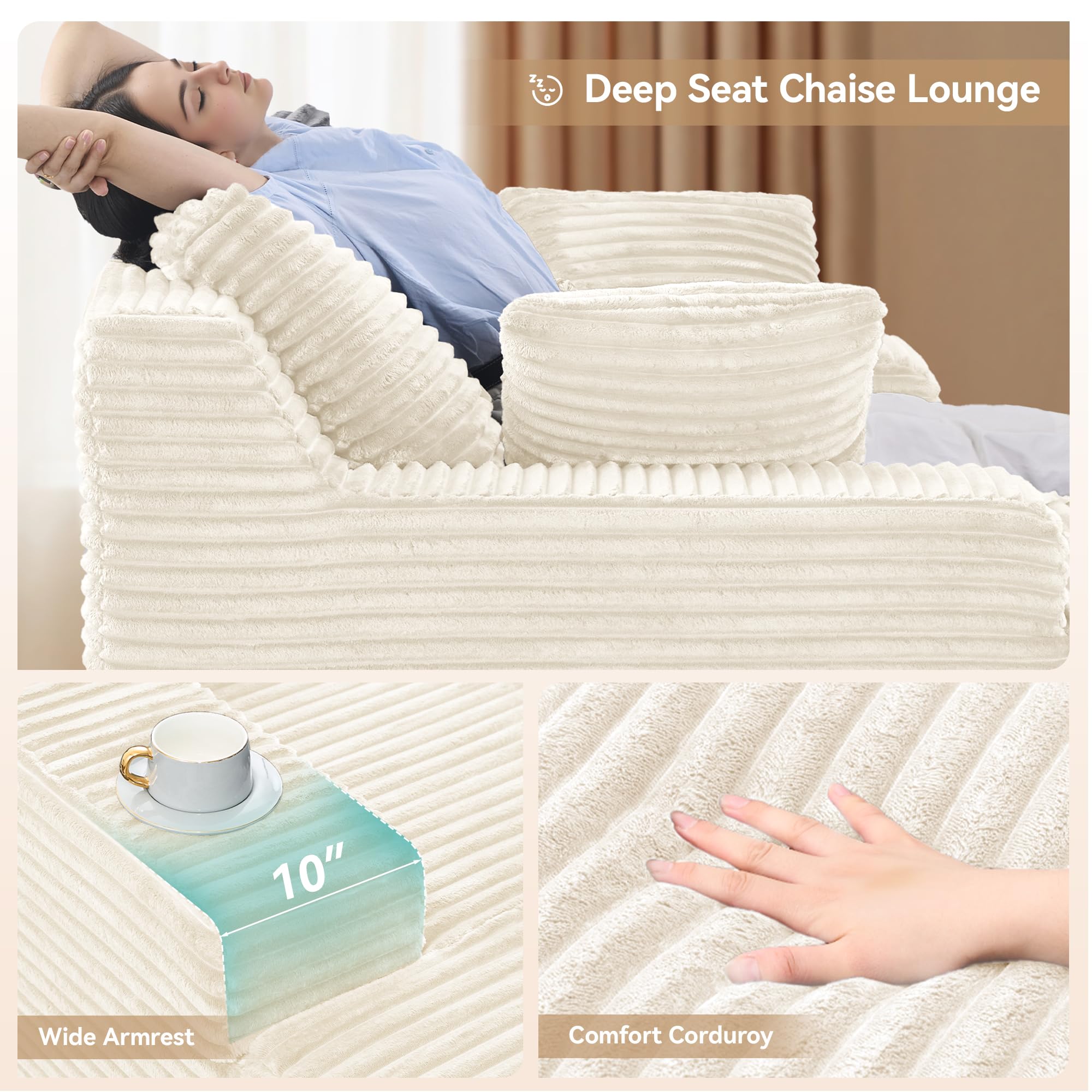 Aivermeil Boneless Couch Modernes Cord Bodensofa mit Schlaffunktion – Cloud Sofa mit Chaiselongue, 3 Kissen, Bequeme Sofa Couch für Wohnzimmer, Keine Montage erforderlich, Beige, 172 * 130 * 71