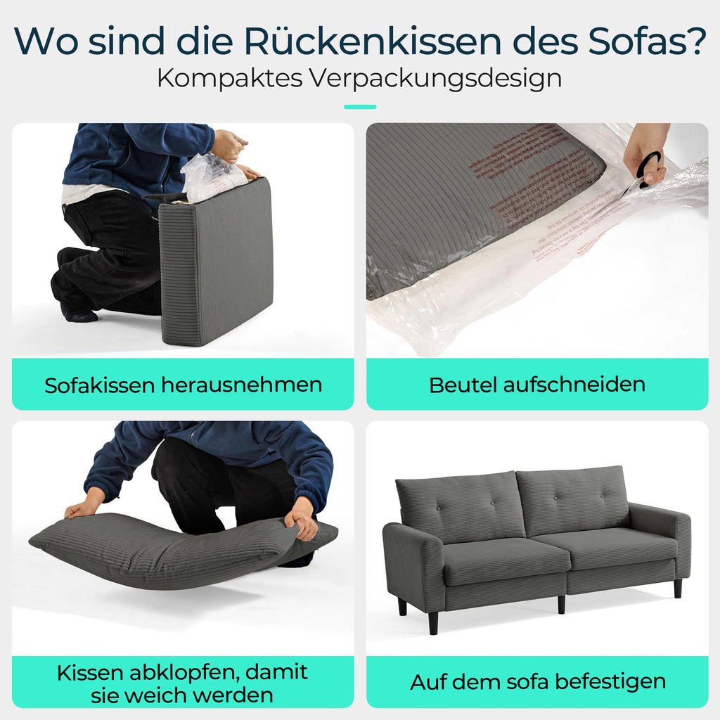 LINSY HOME Sofa 3 Sitzer, 201cm Breit Sofas mit Verstellbarer Sitztiefe, Kleine Sofacouch für Wohnzimmer Schlafzimmer Wohnung Büro