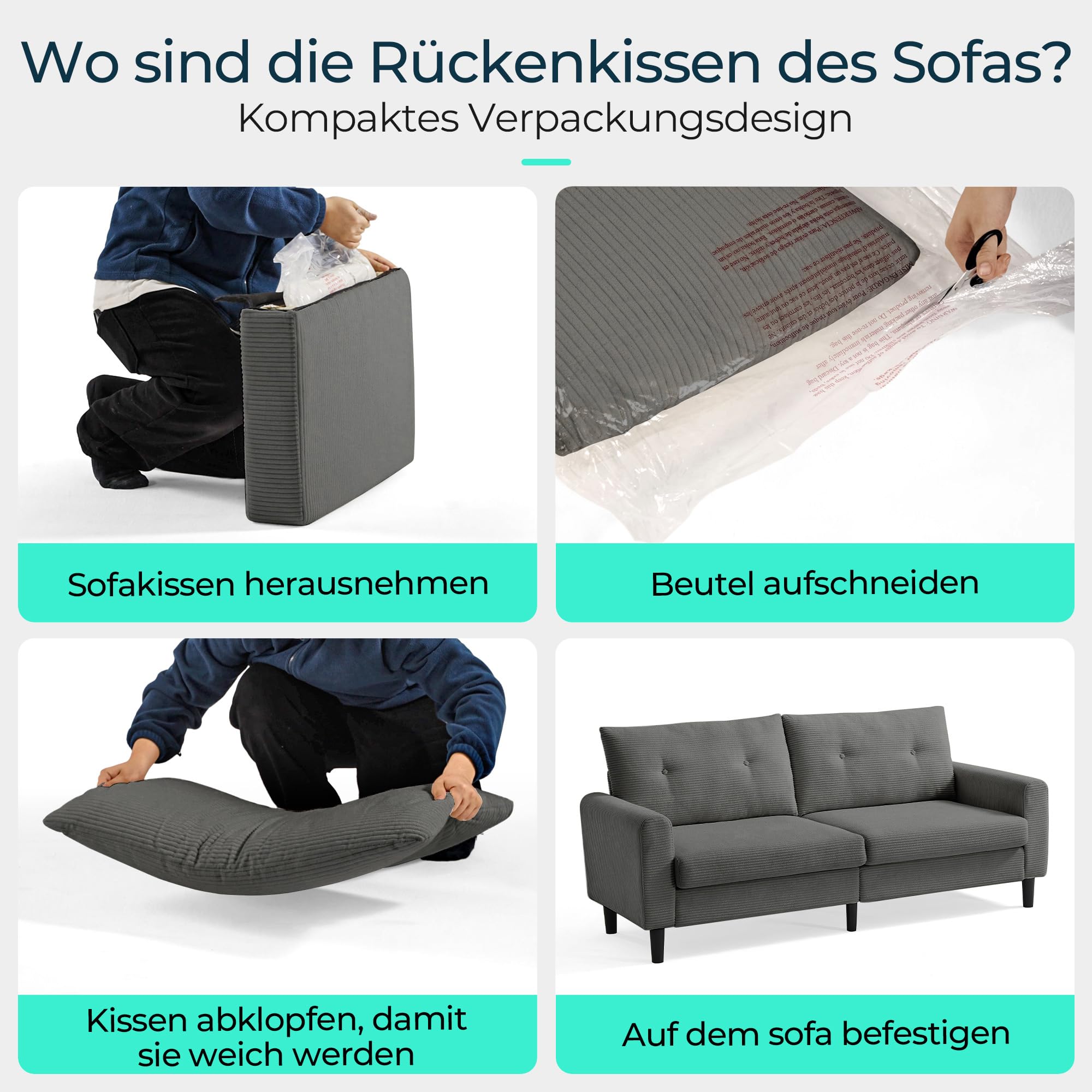 LINSY HOME Sofa 3 Sitzer, 201cm Breit Sofas mit Verstellbarer Sitztiefe, Kleine Sofacouch für Wohnzimmer Schlafzimmer Wohnung Büro