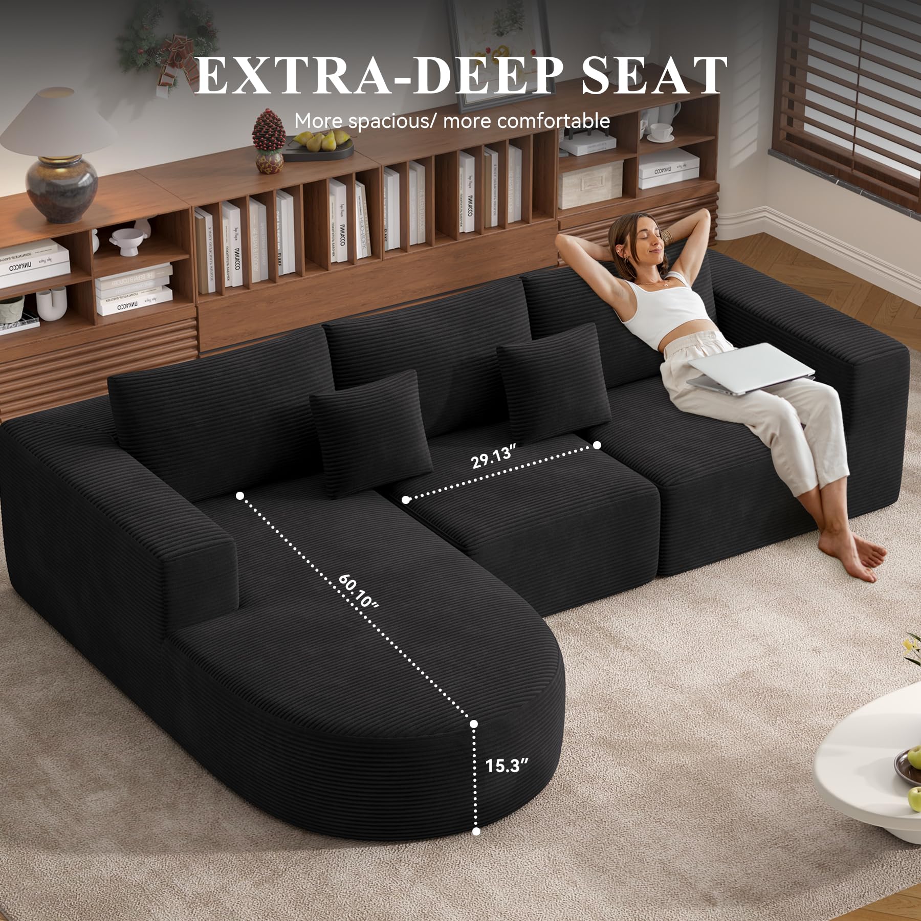 Hawthyhome Sofa mit Schlaffunktion rahmenloses Ecksofa L-Form Couch Installation-Free Cordstoff Ecksofa mit Links-Chaiselongue für Wohnzimmer 3 sitzer 264x177x59cm Schwarz