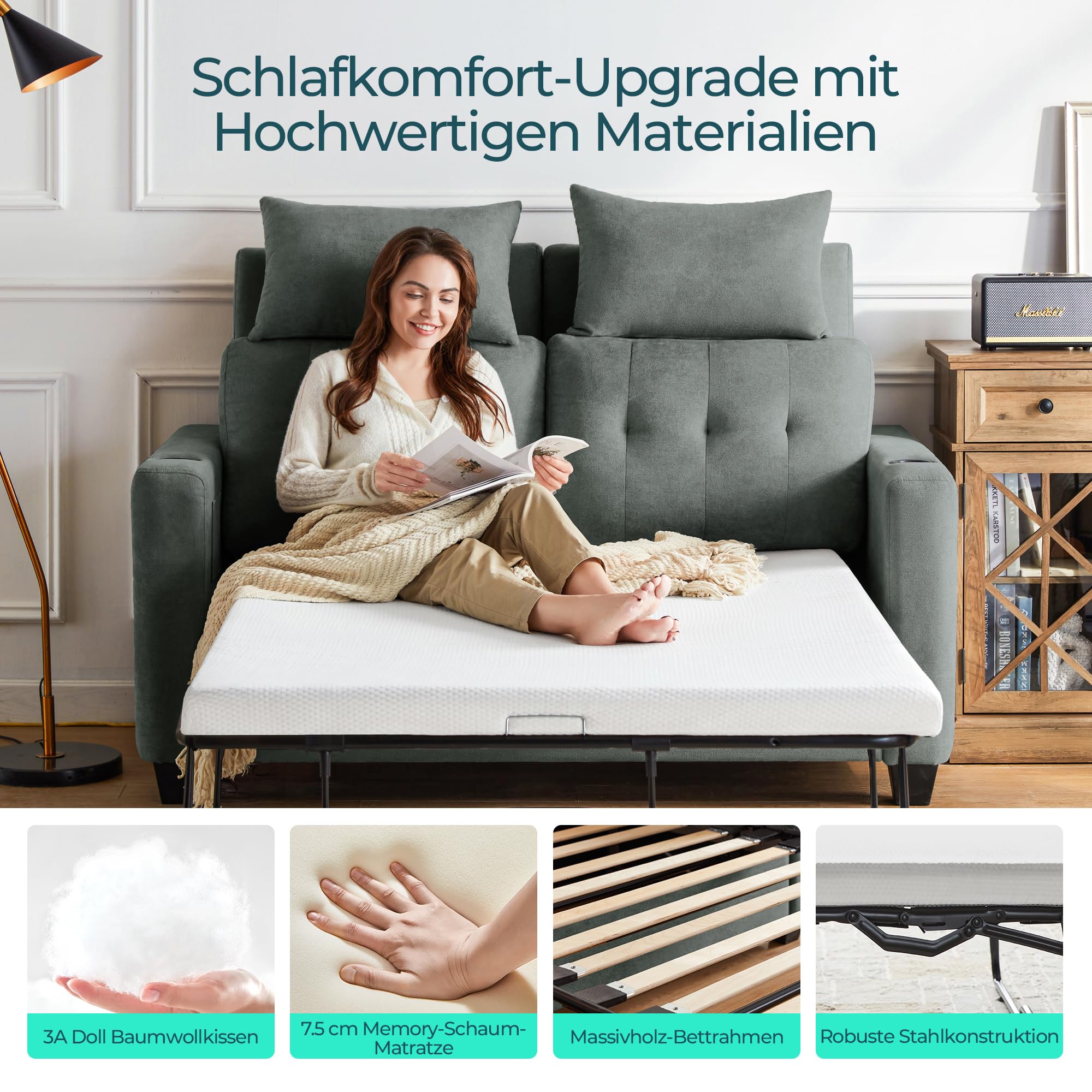 LINSY HOME Ausziehbares Schlafsofa – 2 Sitzer Sofa mit Schlaffunktion, Umwandelbares Sofabett, Schlafcouch mit Memory-Schaum für Wohnzimmer, Wohnungen und Kleine Räume