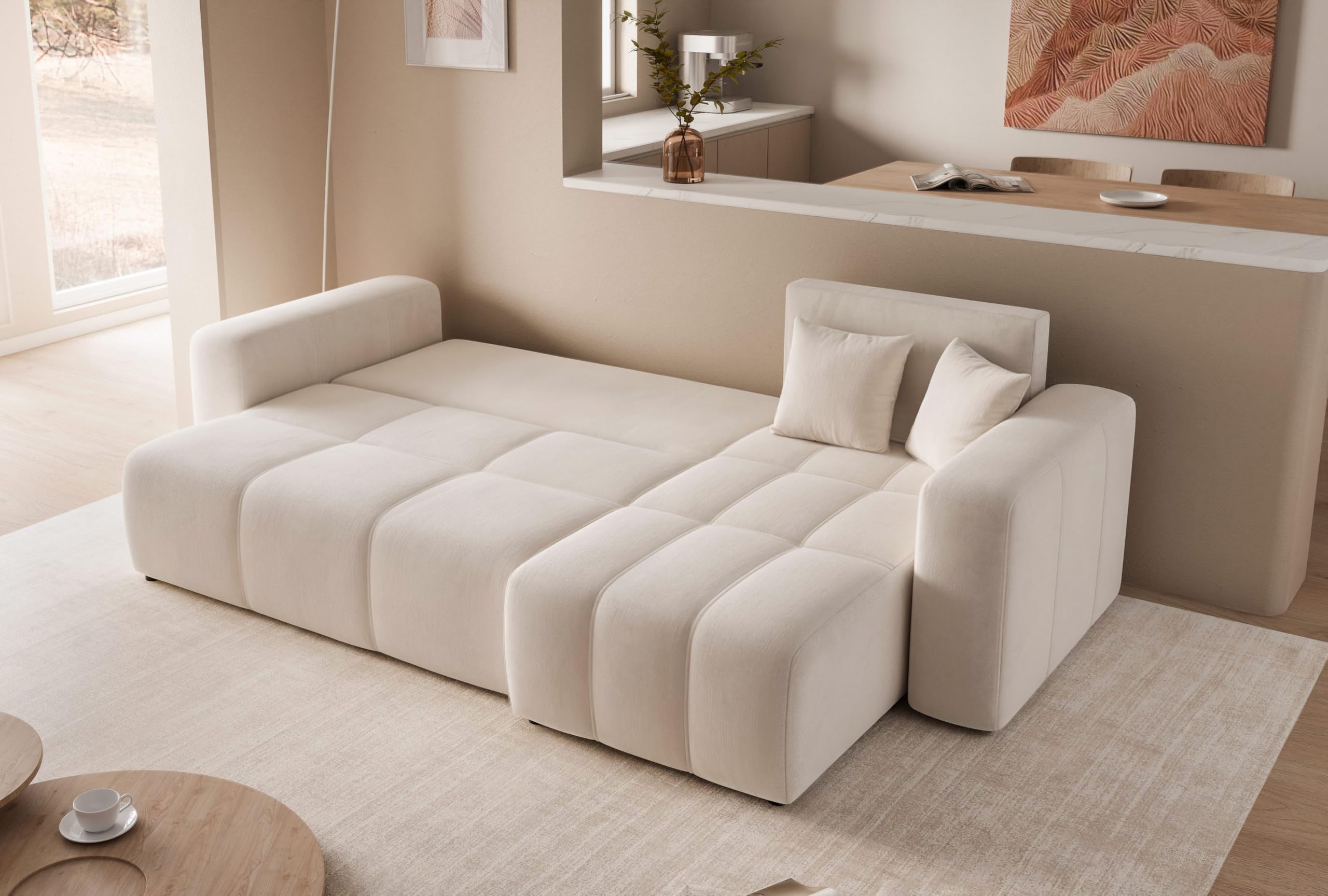 GREKPOL Sofa mit Schlaffunktion 145x248 - Beige Ecksofa mit Schlaffunktion und Bettkasten - Sofa 3 Sitzer - Schlafsofa - Couch - Schlafsofa mit Bettkasten