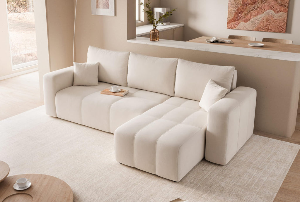 GREKPOL Sofa mit Schlaffunktion 145x248 - Beige Ecksofa mit Schlaffunktion und Bettkasten - Sofa 3 Sitzer - Schlafsofa - Couch - Schlafsofa mit Bettkasten