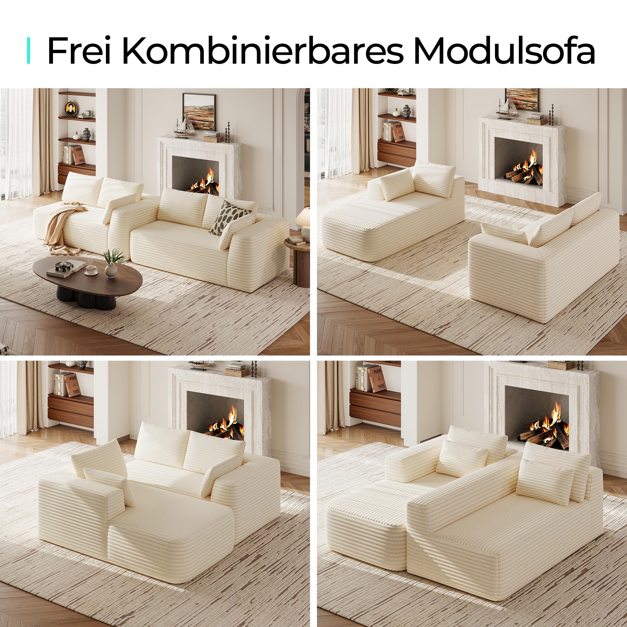 LINSY HOME Ecksofa mit Schlaffunktion - 270cm Corduroy Modulares Schlafsofa, L Form Couch, Sofa 3 Sitzer mit Ottomane, Sektionssofas für Wohnzimmer, Keine Montage erforderlich, Beige