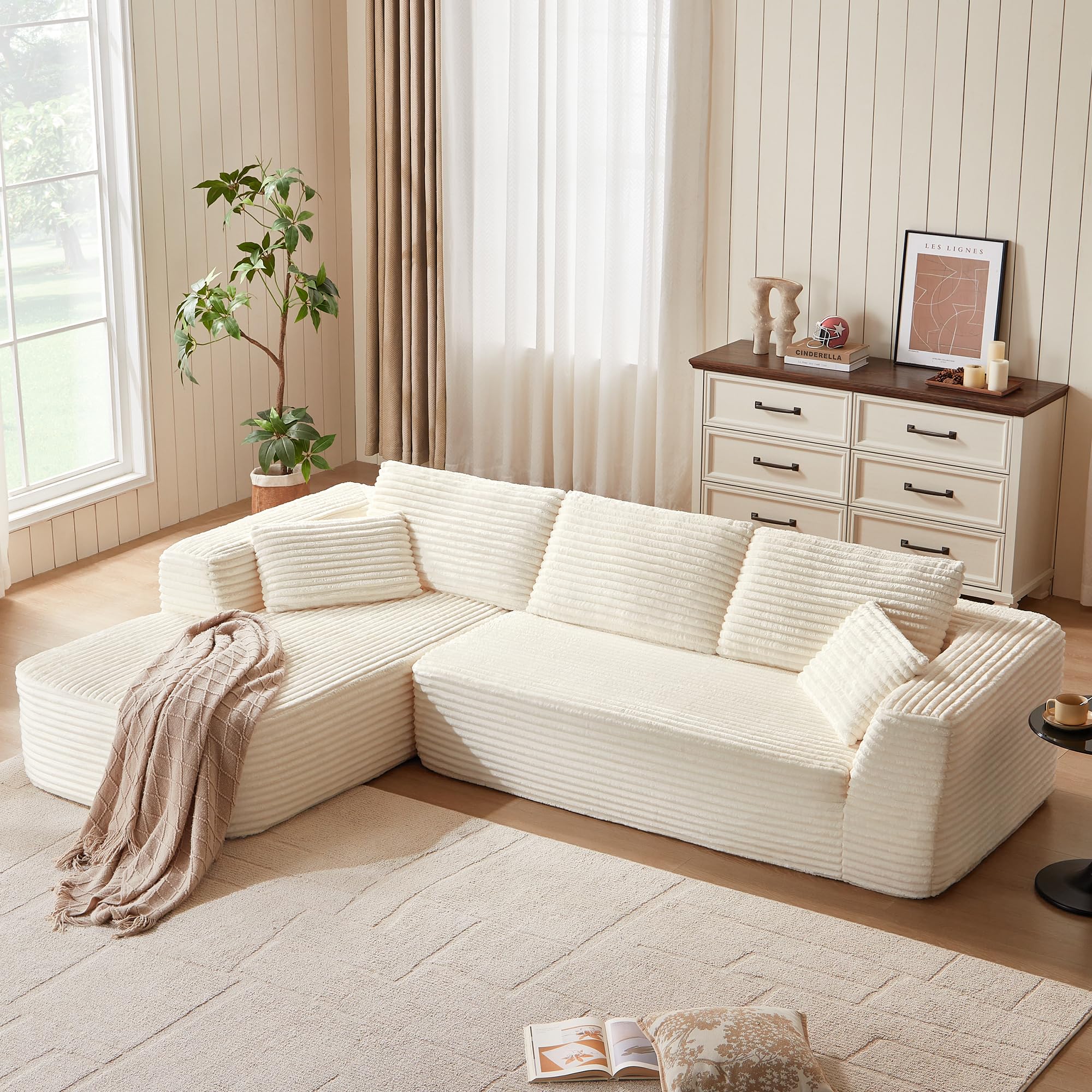 LINSY HOME Ecksofa mit Schlaffunktion - 270cm Corduroy Modulares Schlafsofa, L Form Couch, Sofa 3 Sitzer mit Ottomane, Sektionssofas für Wohnzimmer, Keine Montage erforderlich, Beige
