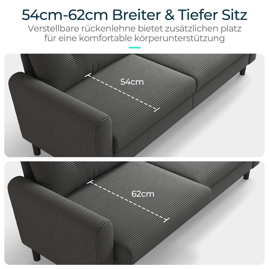 LINSY HOME Sofa 3 Sitzer, 201cm Breit Sofas mit Verstellbarer Sitztiefe, Kleine Sofacouch für Wohnzimmer Schlafzimmer Wohnung Büro